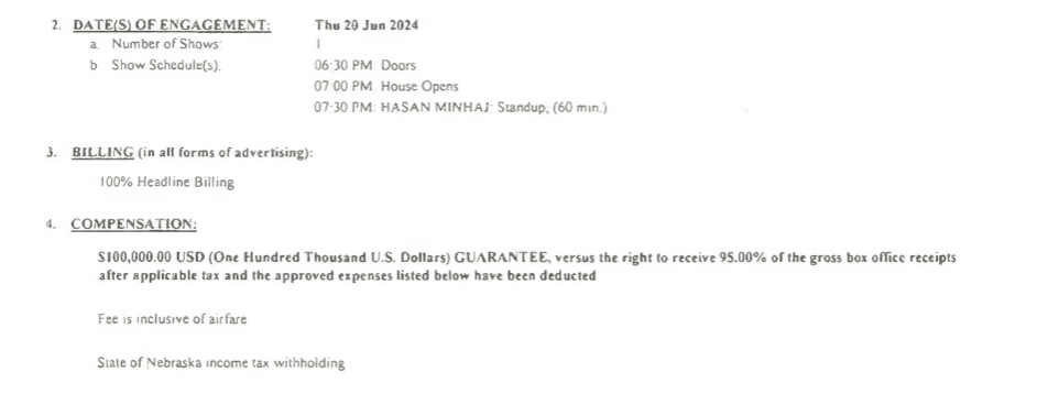 Screenshot of contract showing terms "Compensation: $100,000 USD… GUARANTEE, versus the right to receive 95.00% of the gross box office receipts after applicable tax and the approved expenses listed below have been deducted.