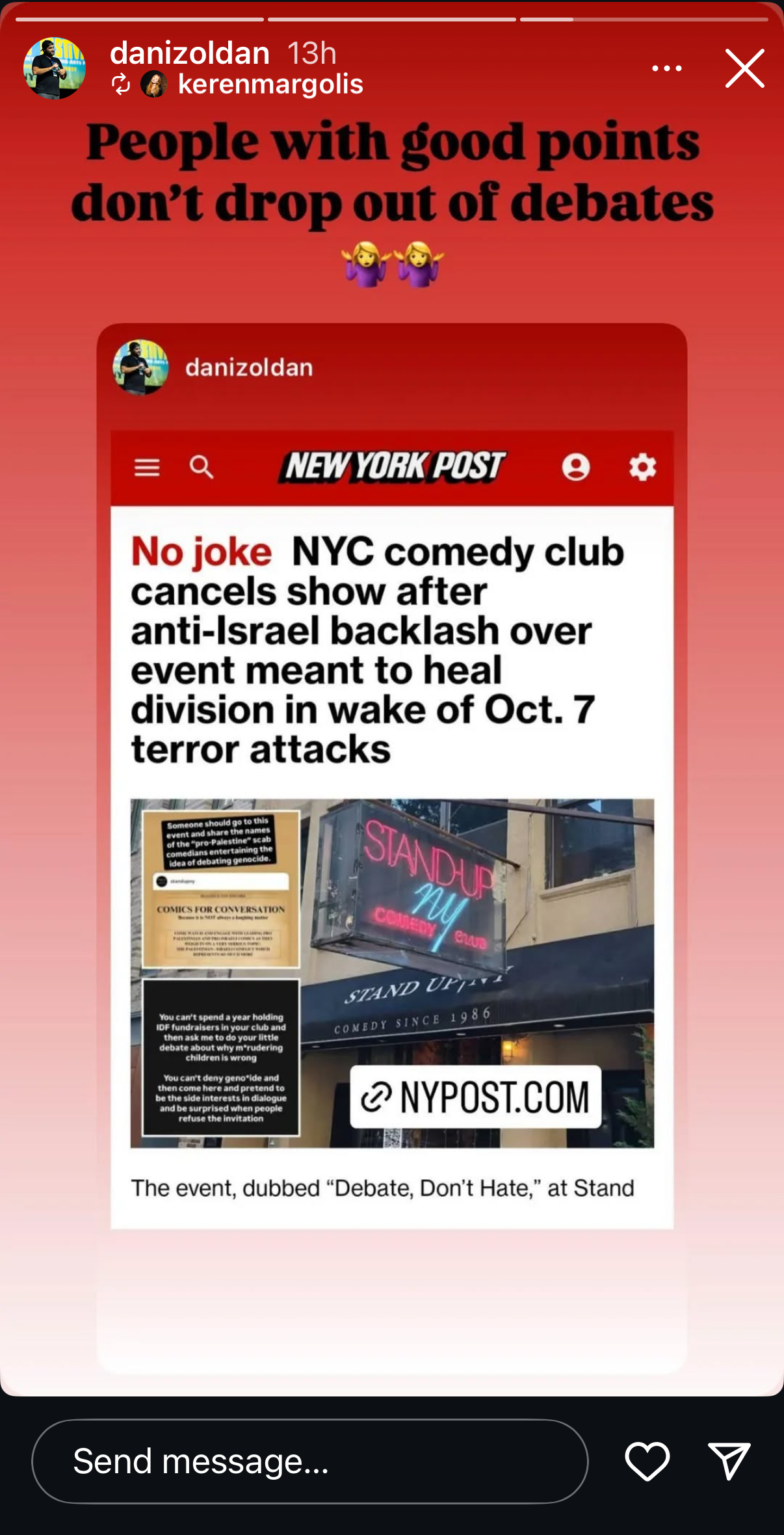 Dani Zoldan's Instagram story - a repost of the comedian Keren Margolin's story, featuring a link to a New York Post article about the event's cancellation, with the caption "People with good points don't drop out of debates."