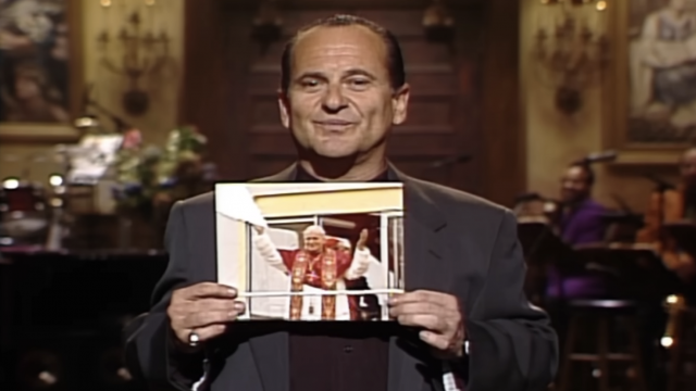 Joe Pesci in his SNL monologue holding a taped-together picture of the Pope.