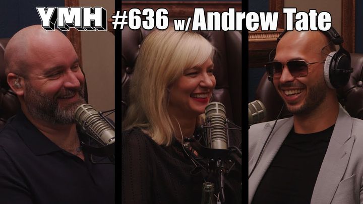 Promotional image of Tom Segura, Christina Pazsitzky, and Andrew Tate sitting at microphones.