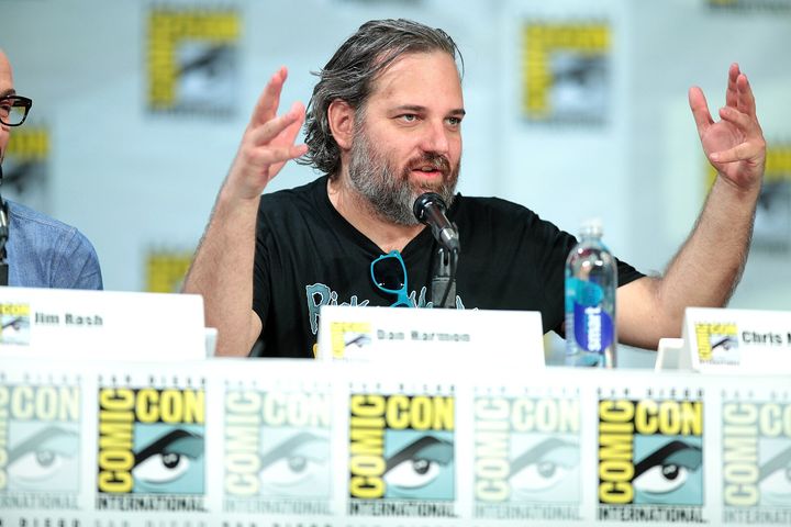 Dan Harmon seated in a Comic-Con panel.